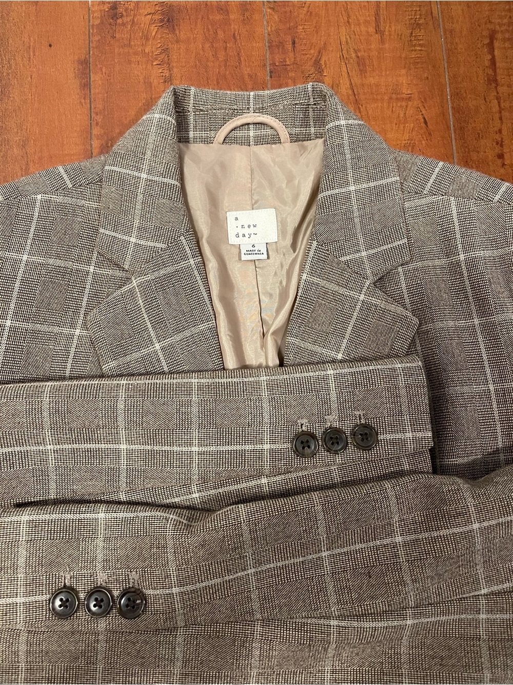 A New Day Plaid Blazer Size 6 Brown Windowpane Tailored Office Career Jacket